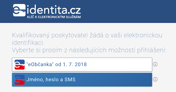 Screenshot výběru identifikačního prostředku na portálu eidentita.cz